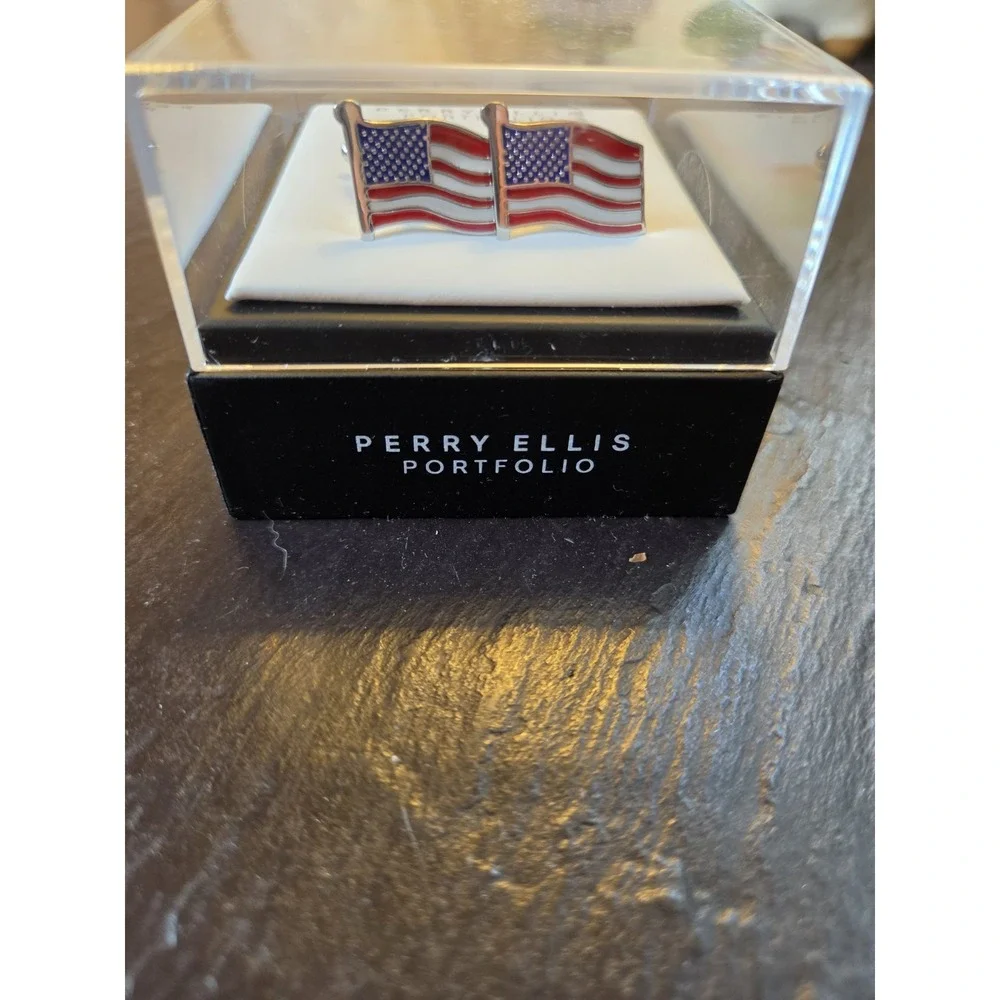 Perry Ellis Portfolio Men's American Flag Silver-Tone Toggle Cuff Links NEW! $40